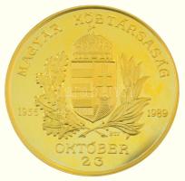 Bognár György (1944-) 1990. "Magyar Köztársaság 1956-1989. Október 23. / Hazádnak rendületlenül légy híve, oh magyar" aranyozott bronz emlékérem dísztokban (65mm) T:AU (eredetileg PP) folt