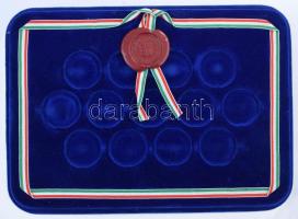 Éremtartó dísztok, eredetileg az ifj. Szlávics László (1959-) által tervezett, "Aradi vértanúk" emlékérem-sorozat darabjainak, ~40mm-es fészkekkel, összesen 13db férőhellyel, használt állapotban. Külső méretek: 310x225x15mm