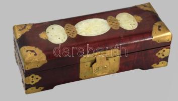 Ékszeres doboz, kínai, fa, réz berakással 25 cm