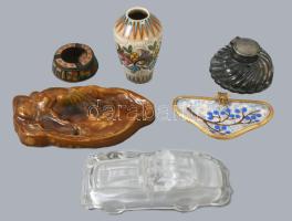 Vegyes üveg és kerámia tárgyak, porcelánok, fém tintatartó