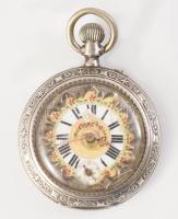 Fém tokos zsebóra, zománc számmlappal, XIX. sz. működik d: 44 mm