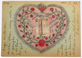 1941 Második világháborús, egyedi, kézzel készített tábori postai levelezőlap, kihajtható ajtó mögöt...