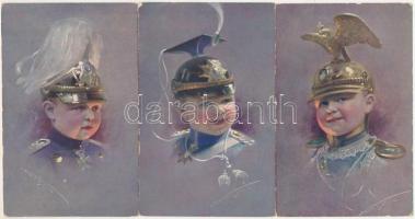 3 db RÉGI katonai művészlap: gyerekek német katonának öltözve / 3 pre-1945 child dressed as a German soldier art postcards. M. Munk Wien Nr. 955. s: Knoefel