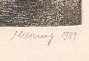 Muzsnay Ákos (1945-): Ex libris Sz. L:, 1989. Rézkarc, papír. Jelzett. Hátoldalán paszpartuzás nyoma...