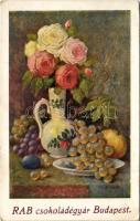 Csendélet, a RAB budapesti csokoládégyár reklámja. "Derengés" magyar művészlapjai / Hungarian chocolate factory advertisement art postcard s: Schiff-Jós Benő (EK)
