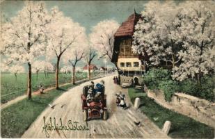 1910 Fröhliche Ostern! V. K. Vienne 4060 / húsvéti üdvözlőlap, automobil / Easter greeting art postcard, automobile