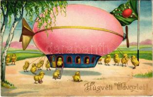 1934 Húsvéti üdvözlet! Csibék léghajóval / Easter greeting art postcard, chickens with airship