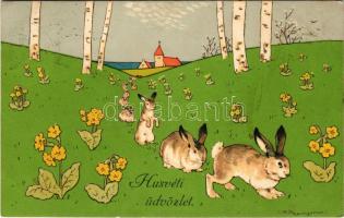 1916 Húsvéti üdvözlet! Szénásy Béla, Meissner &amp; Buch / Easter greeting art postcard s: Fritz Baumgarten