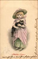 1901 Fröhliche Ostern! / Kellemes húsvéti ünnepeket! Kislány macskával / Easter greeting art postcard, girl with a cat. M. M. Vienne Nr. 217