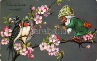 1917 Kellemes húsvéti ünnepeket! Törpe fecskepárral / Easter greeting art postcard, dwarf with swallow couple. Nr. 337.