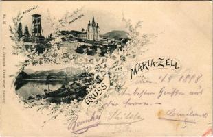 1898 Mariazell (Steiermark), Bürgeralpl, Erlaf-See. C. Jurischek / lookout tower, church, view. Art Nouveau, floral, litho (small tear)