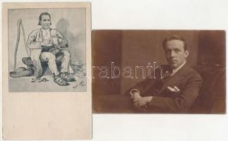 2 db RÉGI művész képeslap: Pándy Lajos (1895 -1957) festő fotója és szatirikus grafikája / 2 pre-1945 artist postcards