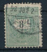 1889 3kr a "POSTA" szó "O" betűjét átszelő lemezhibával