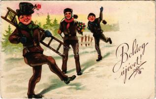 1932 Boldog Újévet / New Year greeting art postcard with chimney sweepers (EK)