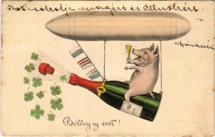 Boldog Újévet! Újévi üdvözlőlap léghajón pezsgőző malaccal / New Year greeting art postcard with pig...