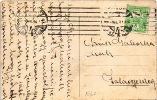 Boldog Újévet! Újévi üdvözlőlap léghajón pezsgőző malaccal / New Year greeting art postcard with pig...