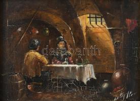 Olvashatatlan jelzéssel: Borozó társaság. Olaj, fa. Dekoratív fakeretben, 13×18 cm