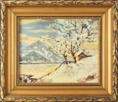 Olvashatatlan jelzéssel: Téli este a folyónál. Olaj, farost. Dekoratív fakeretben, 20×25 cm