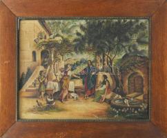 Olvashatatlan jelzéssel: Bibliai jelenet. Olaj, vászon. Felületi sérülésekkel. Dekoratív, kissé sérült fakeretben, 28×38 cm
