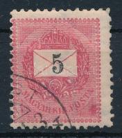 1889 5kr elektrotip bélyeg a jobb alsó háromszögben erős javítással
