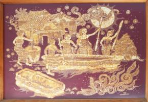 Olvashatatlan jelzéssel, feltehetően ázsiai alkotó: Jelenet, 1975. Vegyes technika, selyem. Üvegezett fakeretben, 65×88 cm