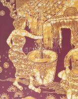 Olvashatatlan jelzéssel, feltehetően ázsiai alkotó: Jelenet, 1975. Vegyes technika, selyem. Üvegezet...