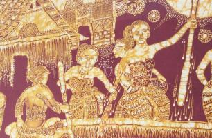 Olvashatatlan jelzéssel, feltehetően ázsiai alkotó: Jelenet, 1975. Vegyes technika, selyem. Üvegezet...