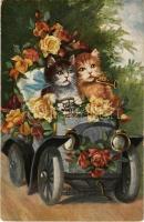 Macskák autóban / Cats in an automobile. Serie 2045/6. 6 Dess. + "IV. Károly király koronázása napján 1916. dec. 30. Budapest" So. Stpl. (kopott sarkak / worn corners)