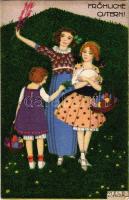 Fröhliche Ostern! / Lady art postcard with Easter greeting and children. B.K.W.I. 4636-6. s: Mela Ko...