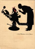 1943 A nyálkahártya felületi érzéstelenítésére használjon Contralgin pasztát. Bayer fogászati-osztály Leverkusen, magyarországi vezérképviselet Magyar Pharma Gyógyáru Rt. sziluettes reklámlap / Bayer dental pharmaceuticals advertisement card with silhouette art (EK)