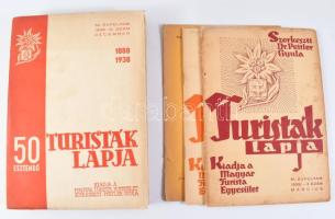 Turisták Lapja. 50 esztendő (1888-1938). 50. évf. 12. sz., 1938. december + Név- és tárgymutató a Turisták Lapja 1-50. évfolyamához (1888-1938). Összeáll.: Papp László. [Egy kötetben]. Bp., 1939, Magyar Turista Egyesület, 503-876 p.+54 p. Fekete-fehér fotókkal illusztrált. Kiadói papírkötés, kopott, kissé foltos borítóval, sérült kötéssel. + 1939-1942 Turisták Lapja 3 száma (1939 3. szám, 1940 10. szám,1942 12. sz.)