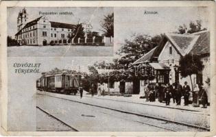 1933 Türje, Vasútállomás vonattal, Premontrei rendház (gyűrődések / creases)