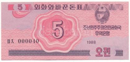 Észak-Korea 1988. 5ch "Szocialista látogató devizaváltó" alacsony "000040" T:F szép papír North Korea 1988. 5 Chon "Socialist Visitor Exchange" with low "000040" serial number C:F fine paper Krause 32.