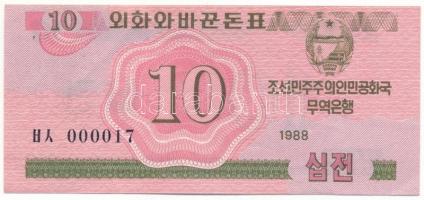 Észak-Korea 1988. 10ch "Szocialista látogató devizaváltó" alacsony "000017" T:F szép papír North Korea 1988. 10 Chon "Socialist Visitor Exchange" with low "000017" serial number C:F fine paper Krause 33.