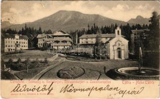 1903 Tátrafüred, Schmecks, Smokovec (Magas-Tátra, Vysoké Tatry); Római katolikus templom, hegycsúcsok / Gerlsdorfer-, Schlagendorfer- u. Lomnitzerspitze / church, mountain peaks. Stengel &amp; Co. (ragasztónyom / glue mark)