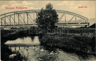 Privigye, Prievidza; Vasúti híd, fürdőző gyerekek. Gubits B. 553. (W.L. ?) / railway bridge, bathing...