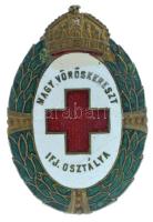 1935 k. "Magy. Vöröskereszt Ifj. Osztálya" zománcozott bronz sapkajelvény, hátoldalán &quo...