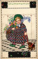 Girl with Dachshund dog puppies. B.K.W.I. 633-4. unsigned August Patek (?) (EB)