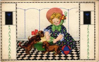 Girl with Dachshund dog puppies. B.K.W.I. 633-6. unsigned August Patek (?) (EK)