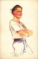 Vízicserkész. A Magyar Cserkészszövetség kiadása / Hungarian boy scout art postcard, seascout s: Már...