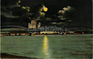 1914 Esztergom, Bazilika és várhegy este holdfényben, vártemplom, új vashíd. Wallfisch Szidónia kiad...