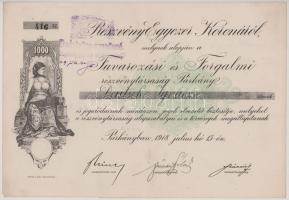 1918. Párkány "Fuvarozási és Forgalmi részvénytársaság" részvénye 1000K-ról, szárazpecsétt...