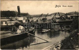Baja, Duna részlet, gőzhajó, kikötő, híd. Wurmfeld Gyula kiadása