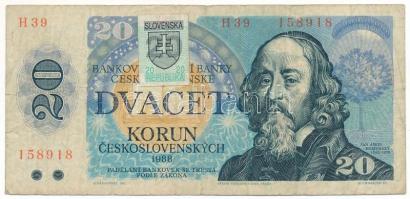 Szlovákia 1993. 20K szlovák bélyeggel csehszlovák 1988. 20K "H 39 158918" bankjegyen T:F,VG Slovakia 1993. 20 Korun with Slovakian stamp on Czechoslovakian 1988. 20 Korun "H 39 158918" banknote C:F,VG Krause 15.