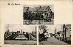 Solt, híd, utca. Kellner Sándor kiadása + "DUNAPATAJ - KUNSZENTMIKLÓS 316" vasúti mozgópos...