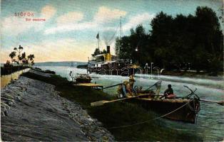 1910 Siófok, Sió csatorna, gőzhajó, halászok. Dr. Trenkler és Társa kiadása (EK)