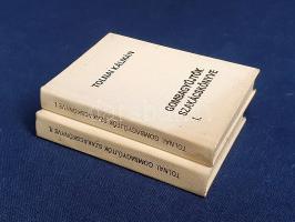 Tolnai Kálmán: Gombagyűjtők szakácskönyve I-II. [Teljes mű két kötetben.] (Számozott minikönyv.) [Budapest], (1984). (Nyomdaipari Grafikai Vállalat - Ságvári Nyomda). 123 + [5] p.; 170 + [6] p. Első kiadás. Összesen 500 példányban készült gombászati ismertetőnk és szakácskönyvünk Tolnai Kálmán (1923-1992) újságíró, műkedvelő gombász műve. A munka mindkét kötete számozott, lajstromszáma 274, illetve 264. Oldalszámozáson belül néhány egész oldalas ábrával. Egységes, aranyozott, enyhén foltos kiadói vászonkötésben. Jó példány.