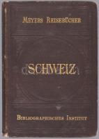 Schweiz. Meyers Reisebücher. Leipzig - Wien, 1892., Bibliographisches Institut. Dreizehnte Auflage. Német nyelven. 21 térképpel, panorámaképekkel illusztrált, valamint nagyméretű Svájz térkép-melléklettel. (A térkép-melléklet általában hiányzik.) Kiadói aranyozott egészvászon-kötés, kopásokkal. / Linen binding, in German