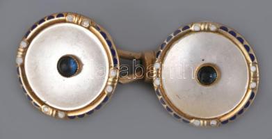 Arany (Au) mandzsetta pár, gyöngyház és kő berakással, zománcozott díszítéssel, jelzett, 1902-1937 k...