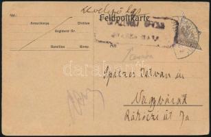 1919 Cenzúrázott helyi levelezőlap felezett 20f bélyeggel "NAGYVÁRAD" / Censored local pos...